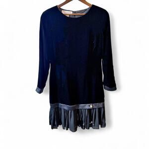Jones new york 1980s/90s black velvet mini dress with satin ruffle hem